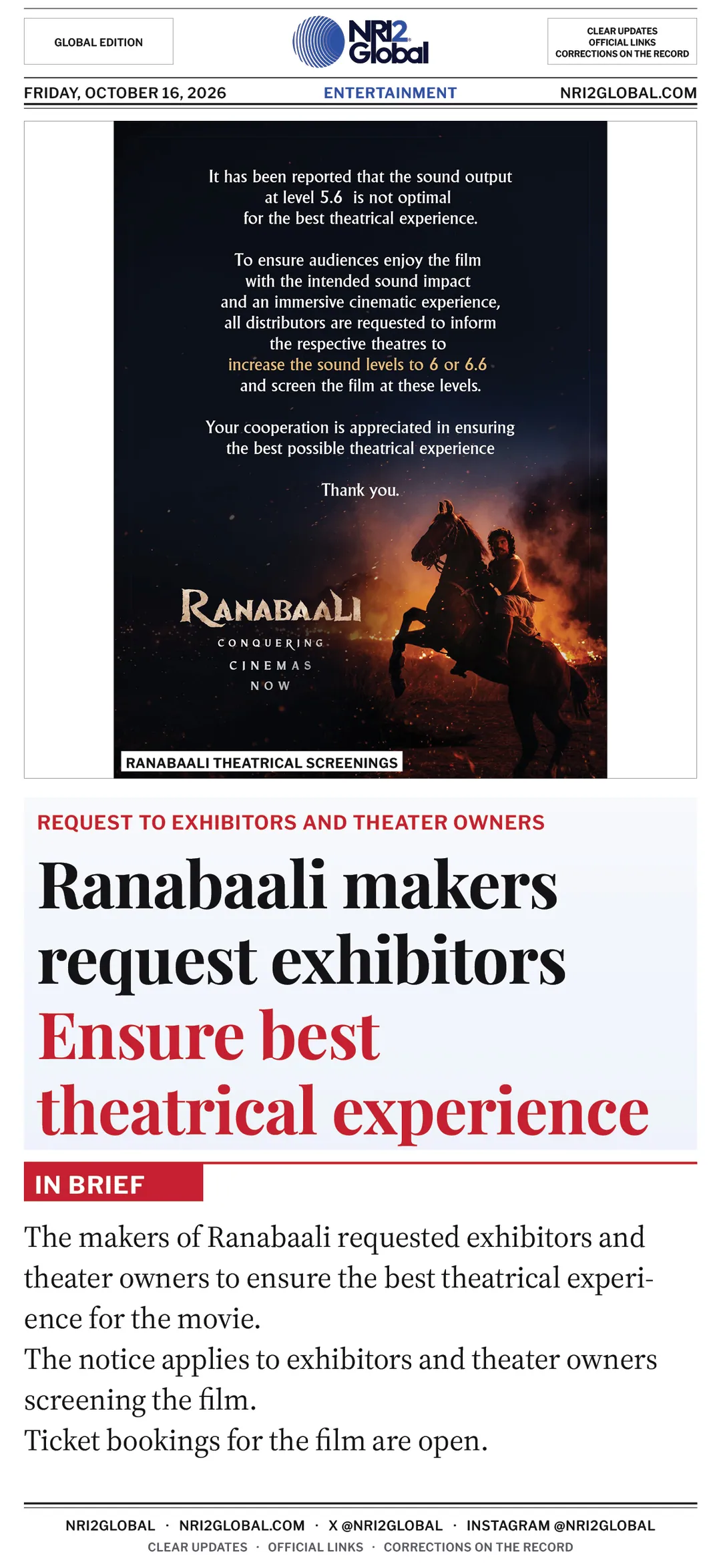 Ranabaali makers request exhibitors to ensure best theatrical experience