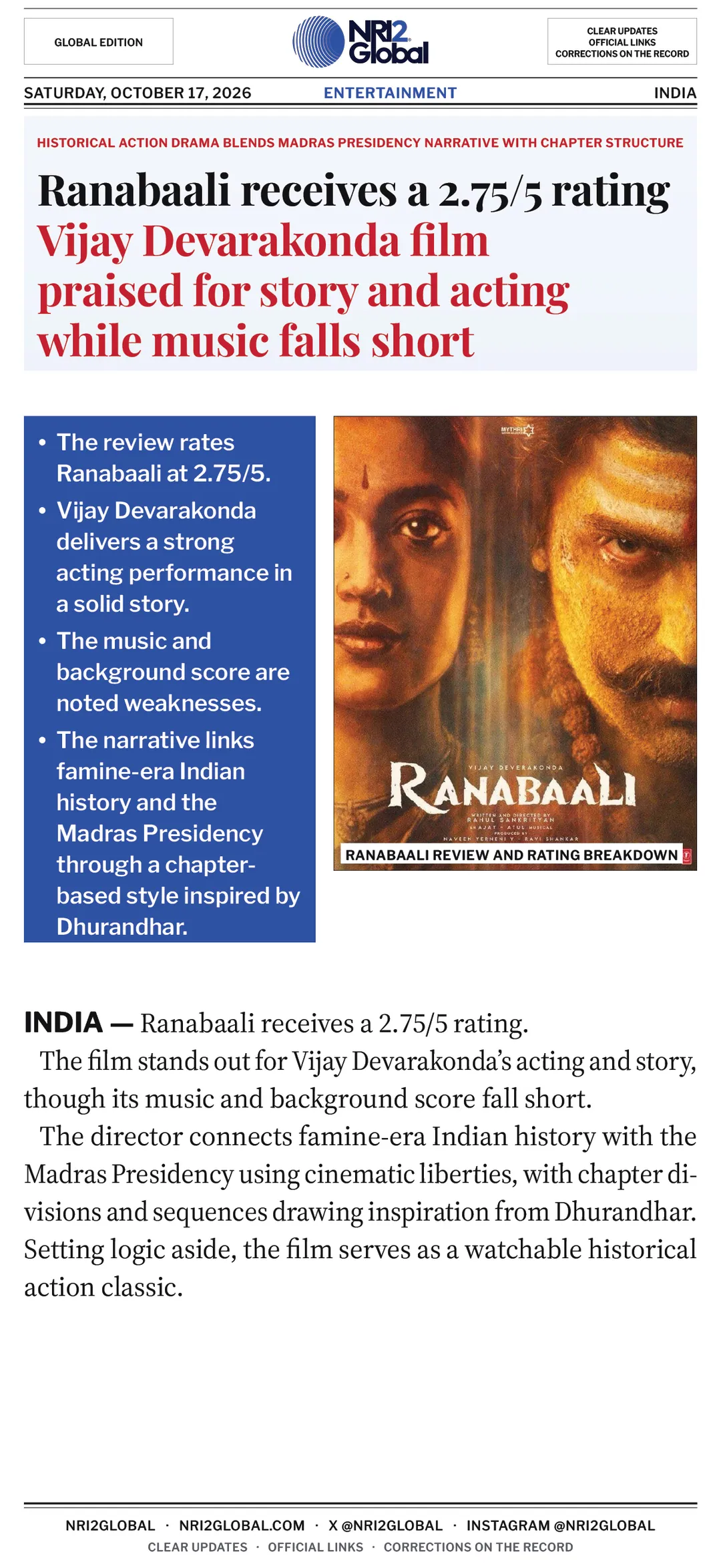 Ranabaali receives a 2.75/5 rating Vijay Devarakonda film praised for story and acting while music falls short