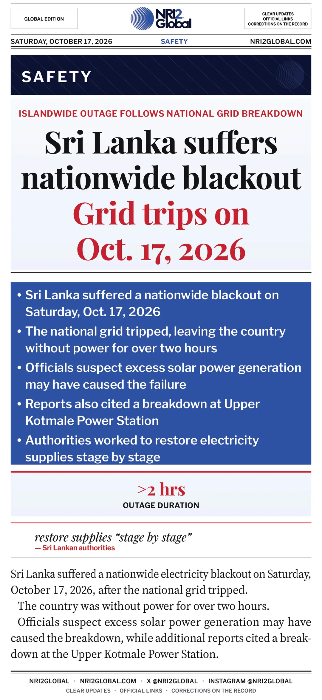 Sri Lanka suffers nationwide blackout after grid trips on Oct 17