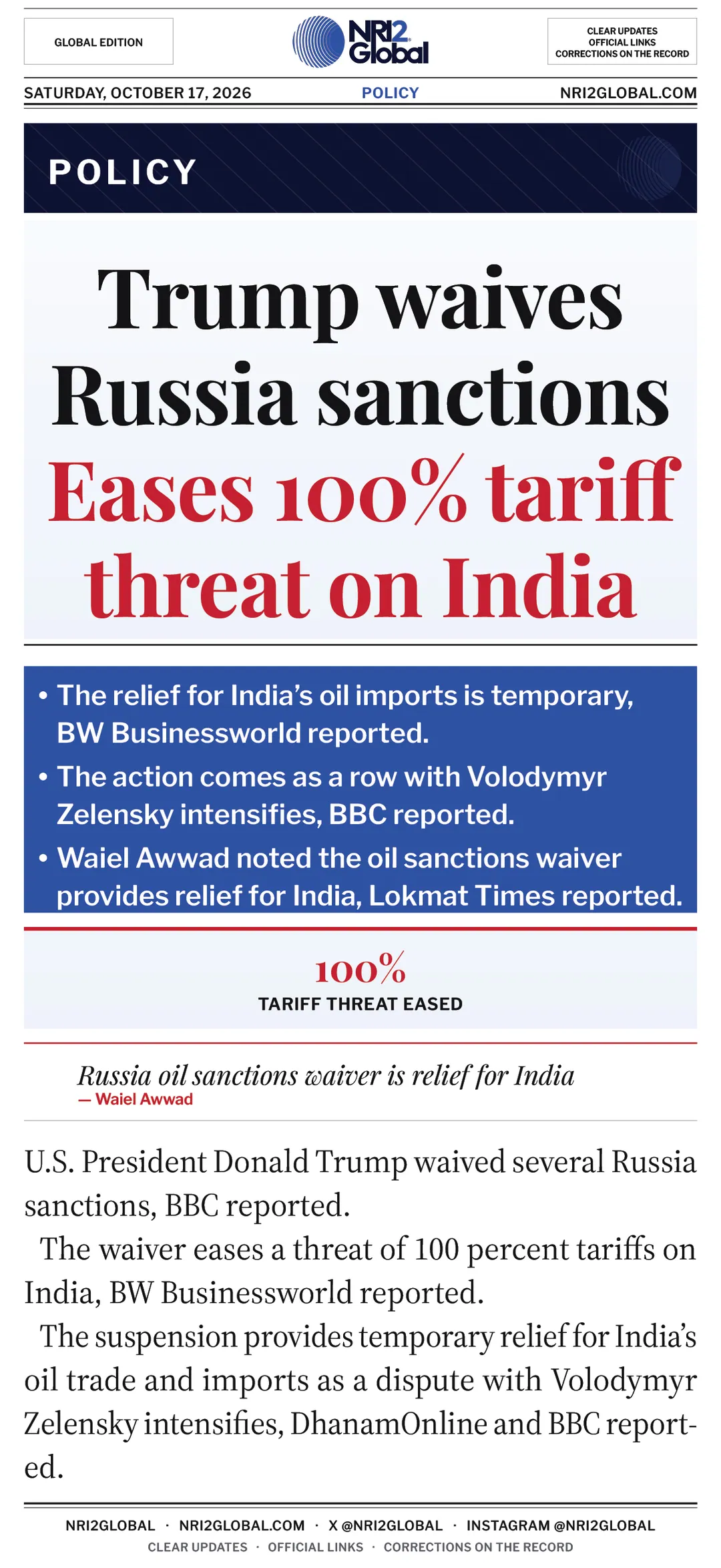 Trump waives Russia sanctions, easing 100% tariff threat on India