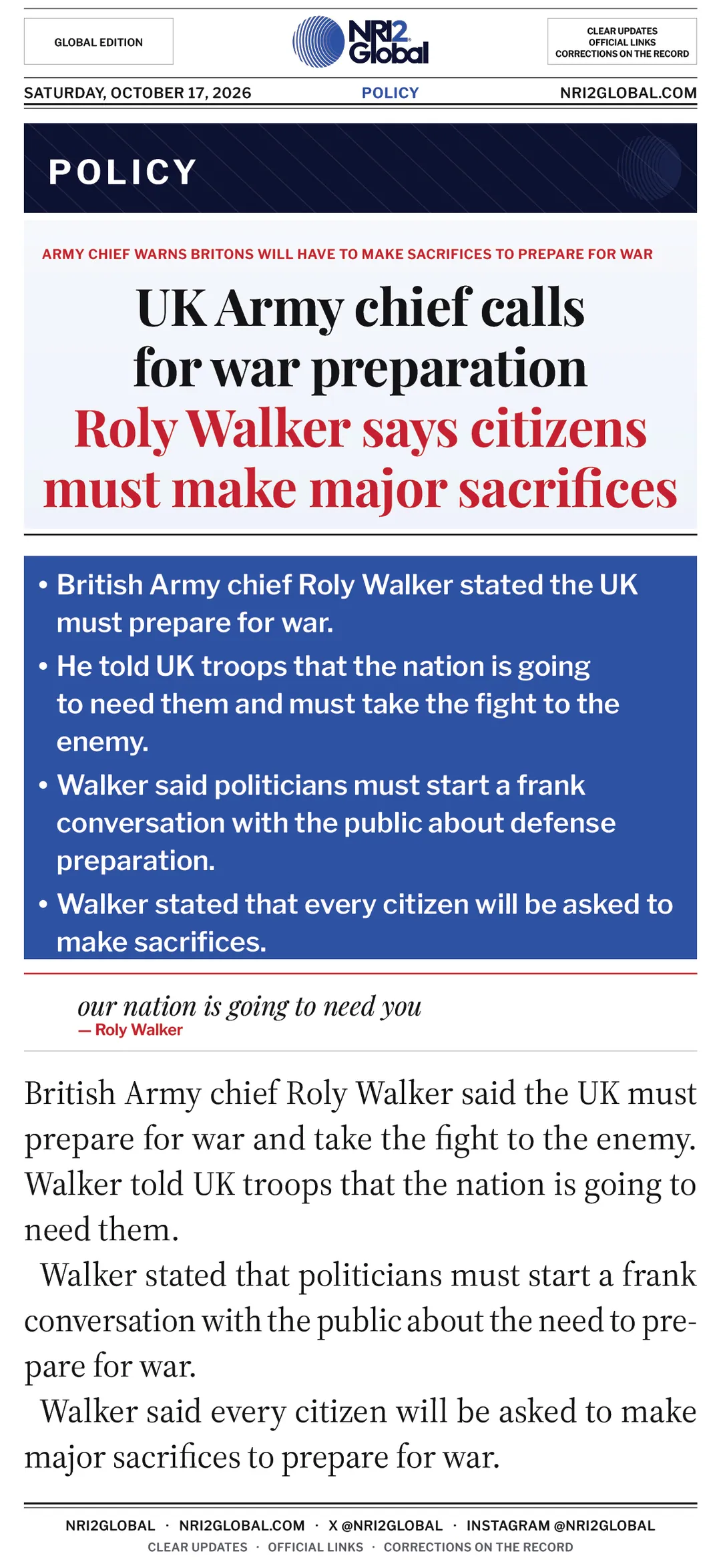 UK Army chief calls for war preparation Roly Walker says citizens must make major sacrifices
