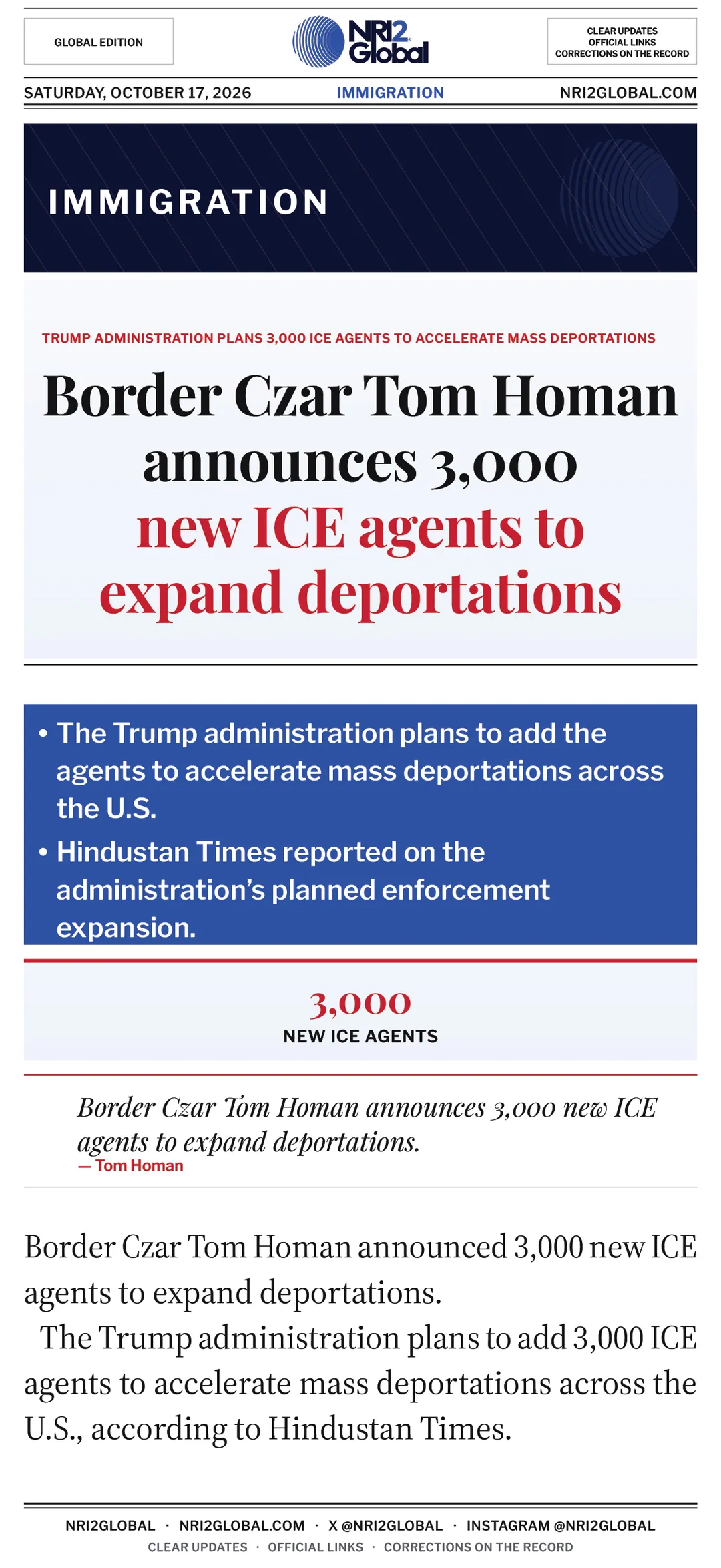 Border Czar Tom Homan announces 3,000 new ICE agents to expand deportations
