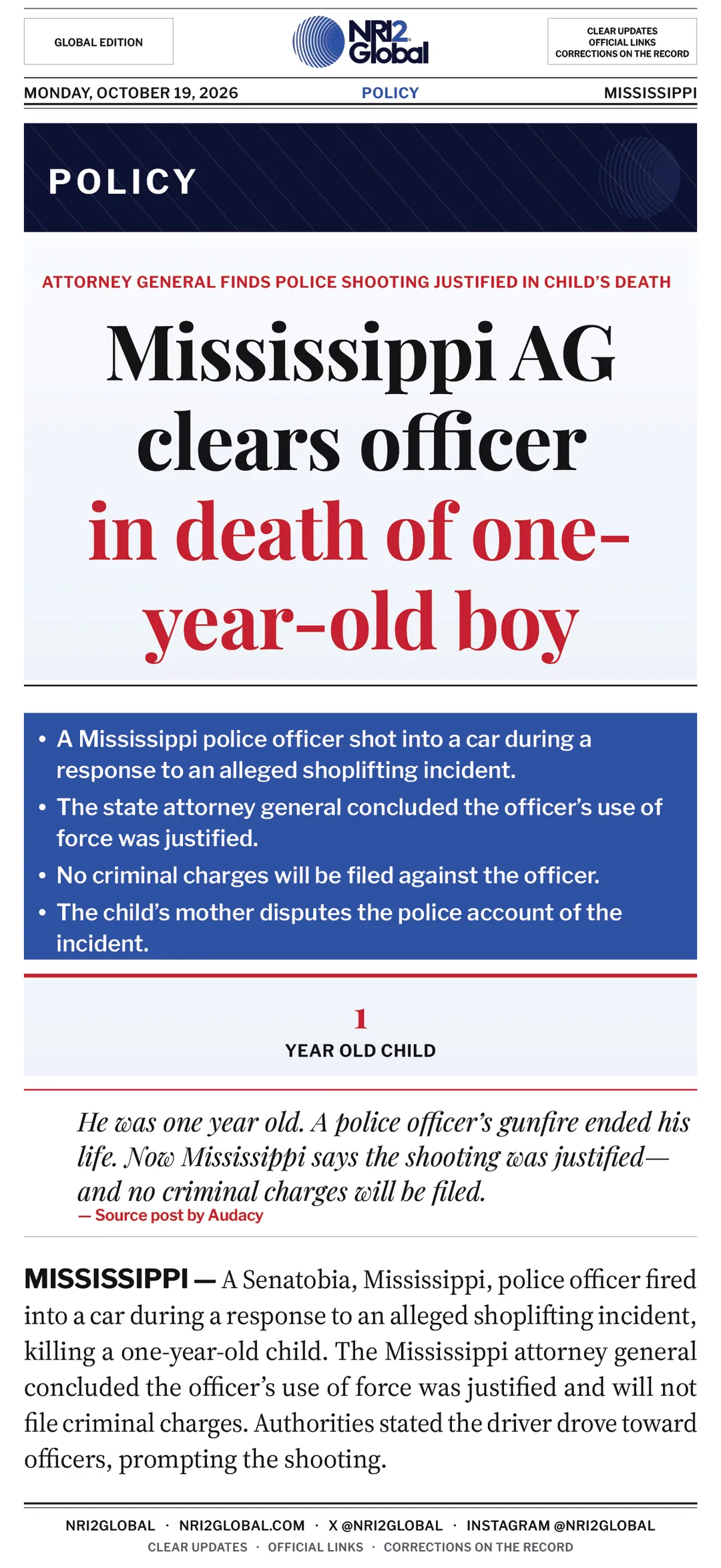 Mississippi AG clears officer in death of one-year-old boy