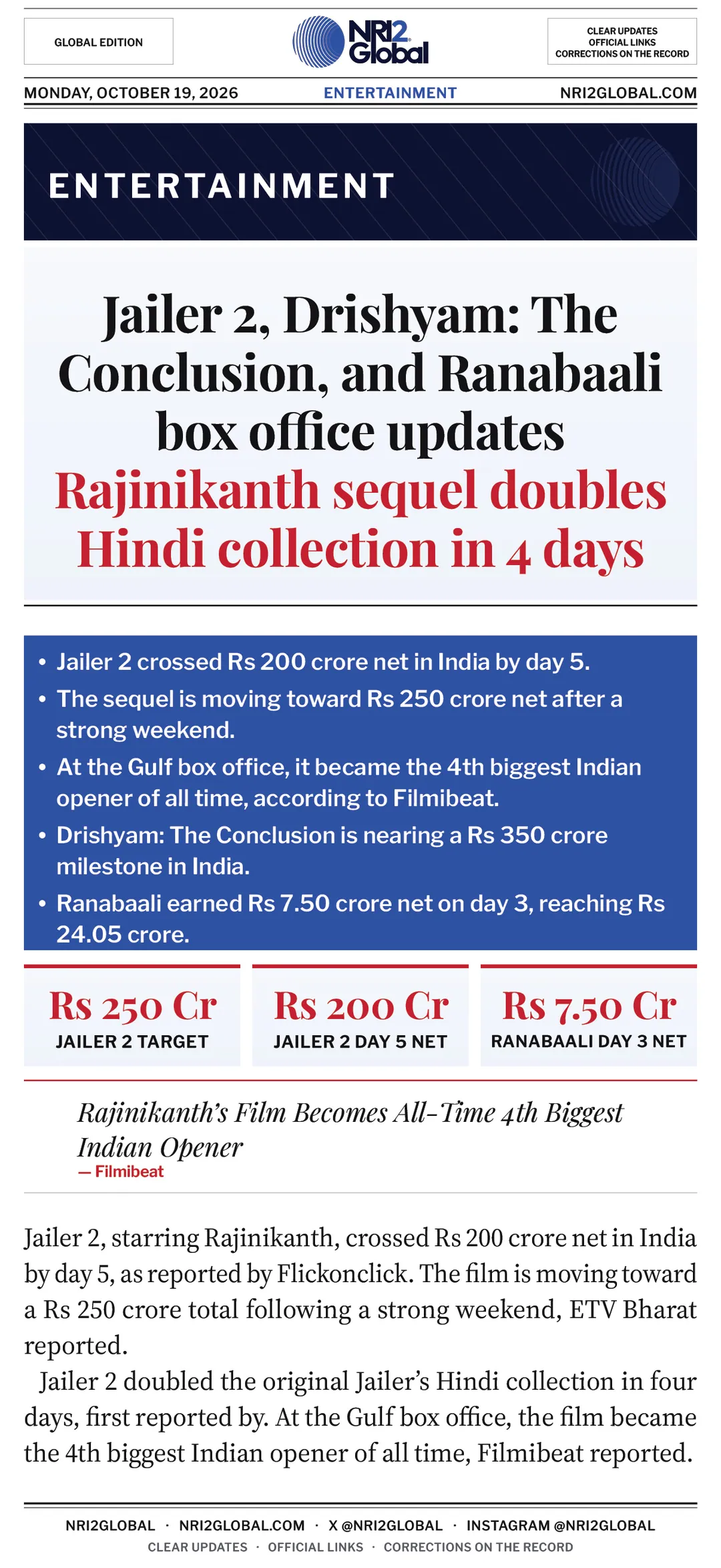 Jailer 2, Drishyam: The Conclusion, and Ranabaali box office updates