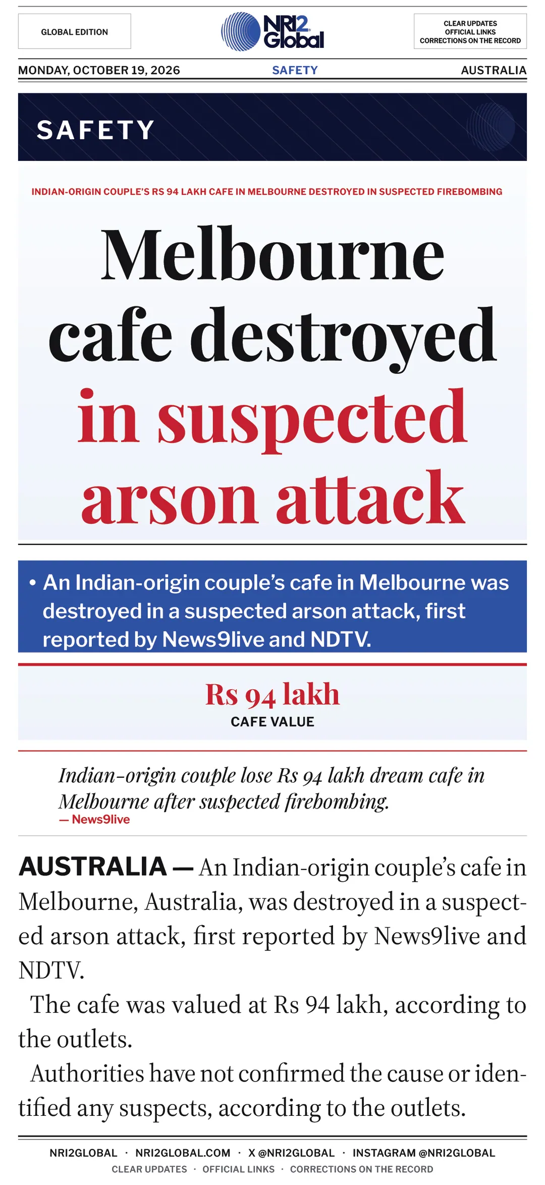 Melbourne cafe of Indian-origin couple destroyed in suspected arson