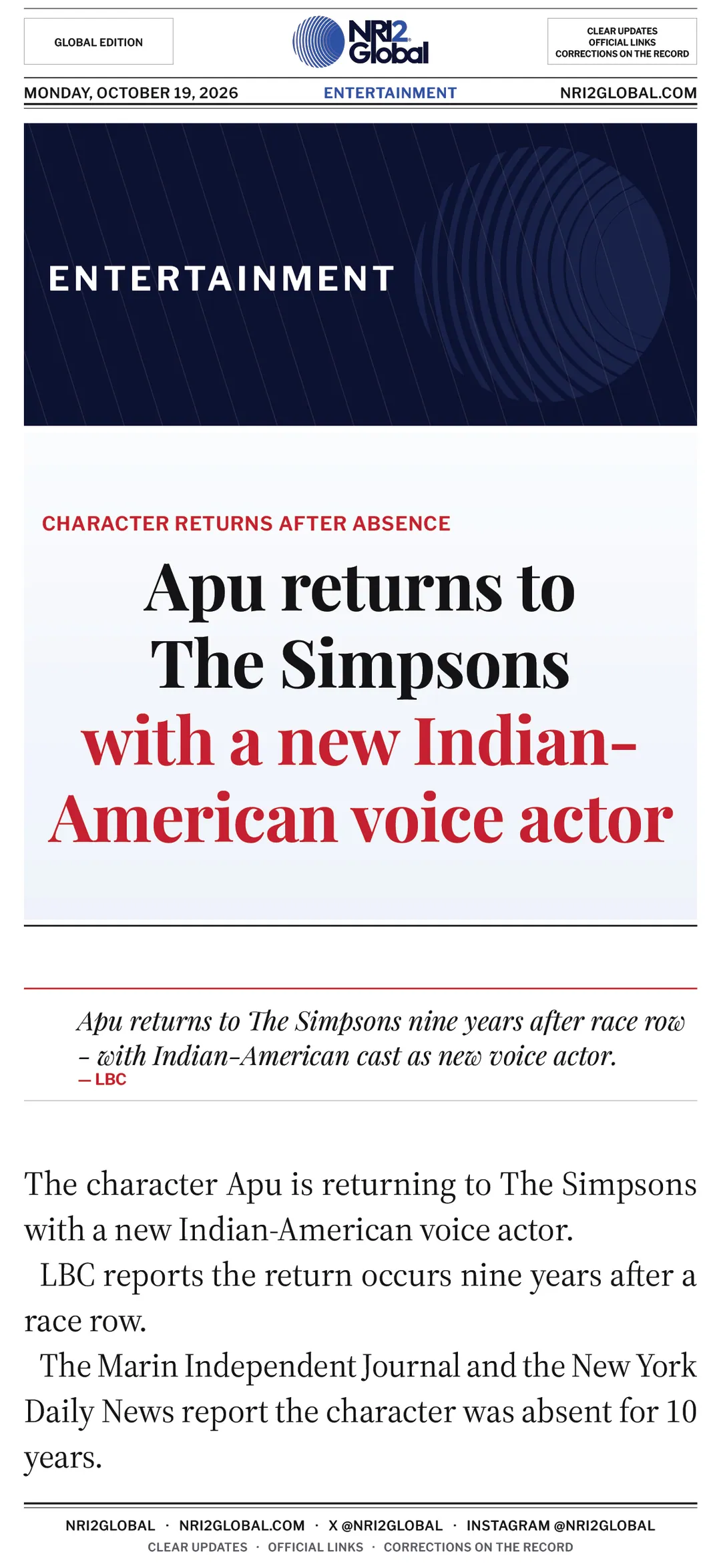 Apu returns to The Simpsons with new voice actor