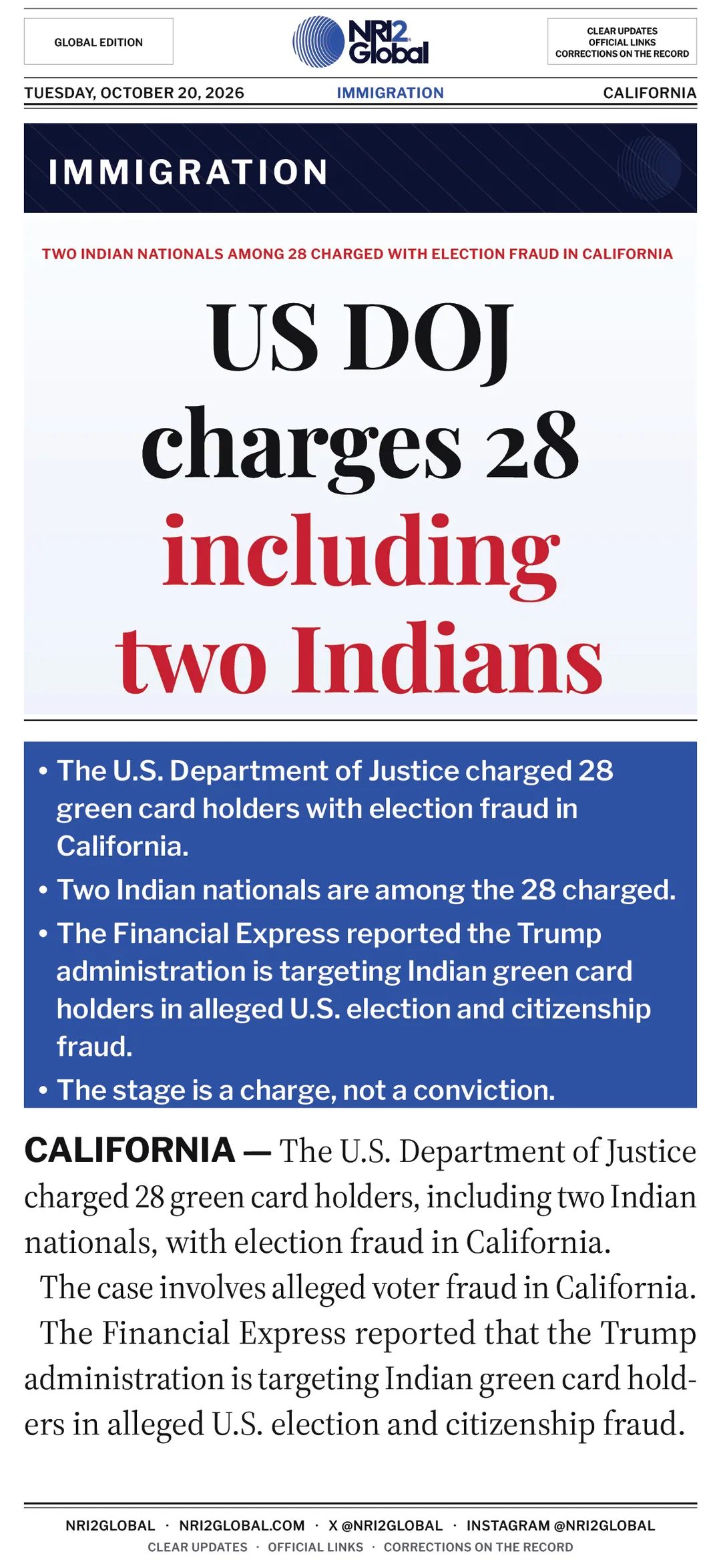 US DOJ charges 28 green card holders including two Indians