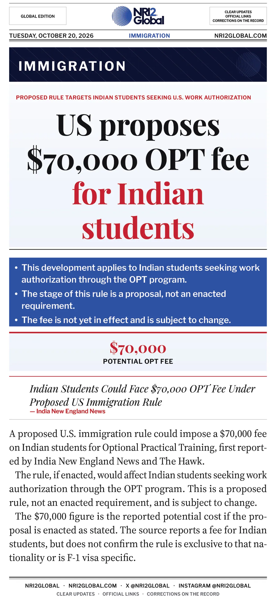 US proposes $70,000 fee on Indian students for OPT