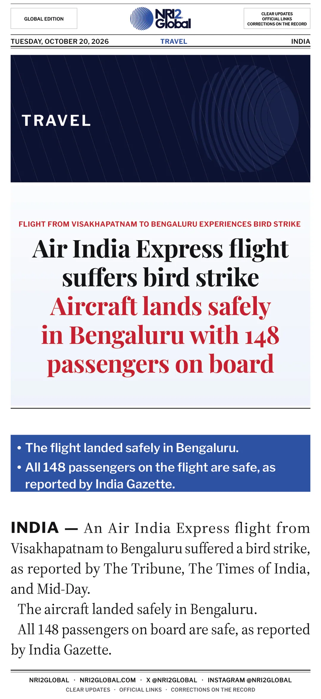 Air India Express flight from Visakhapatnam to Bengaluru suffers bird strike