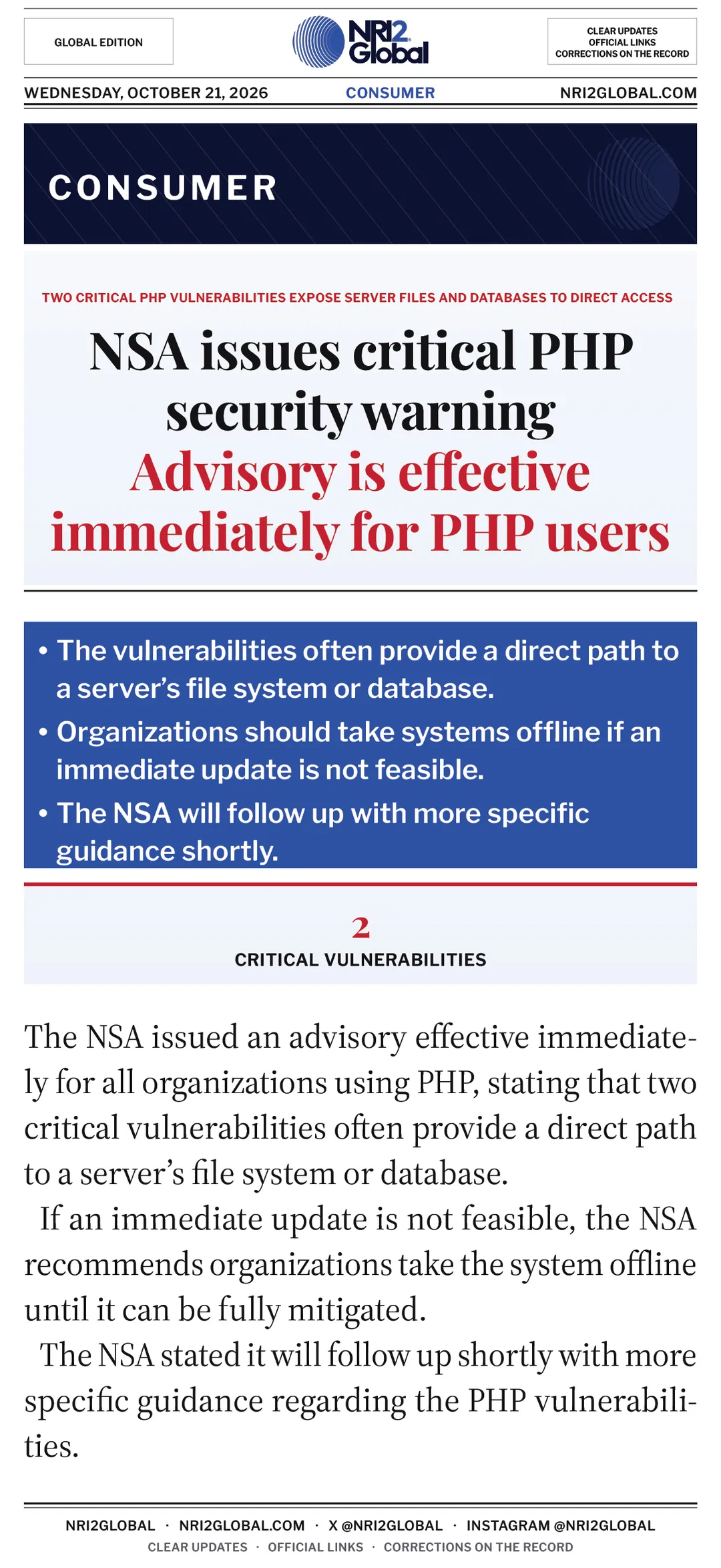 NSA issues critical PHP security advisory