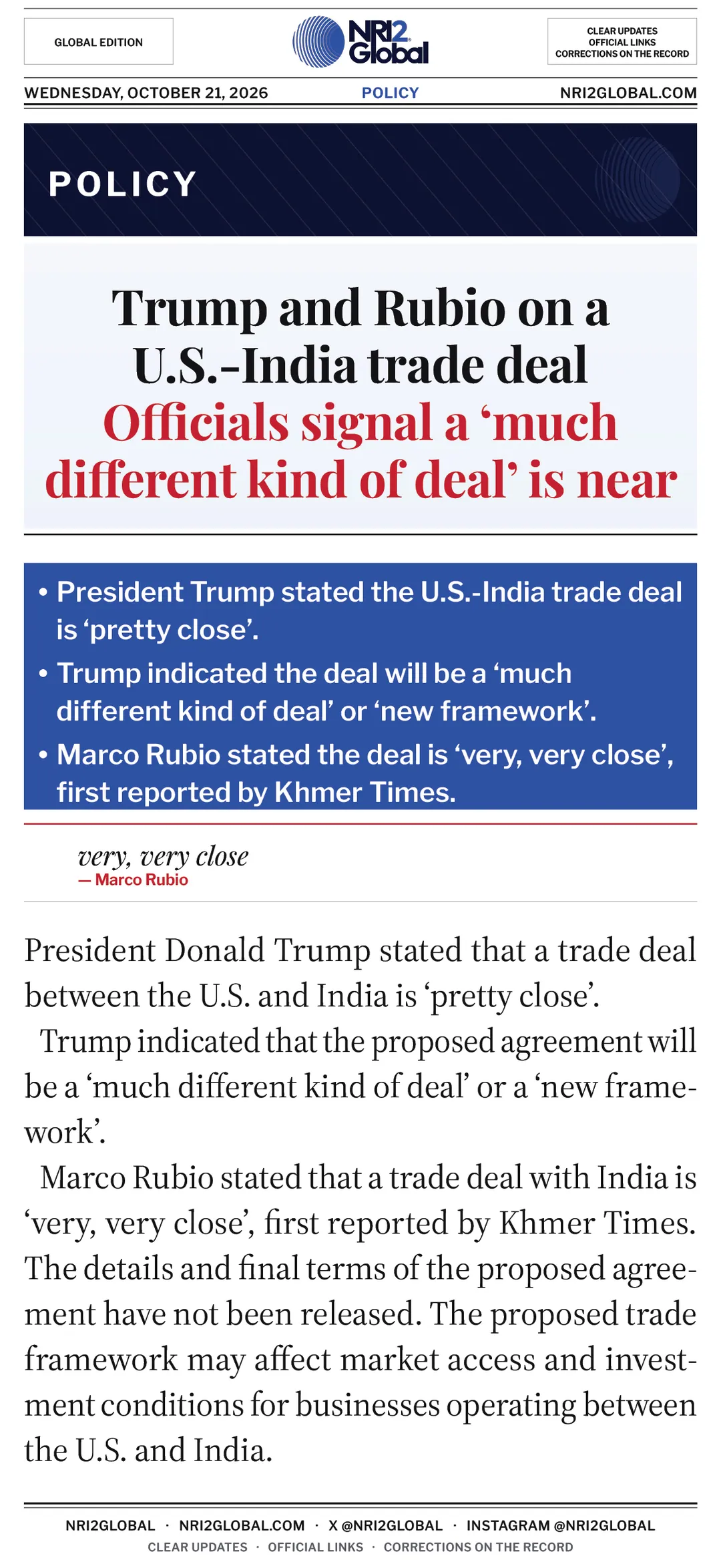 Trump and Rubio signal U.S.-India trade deal is near