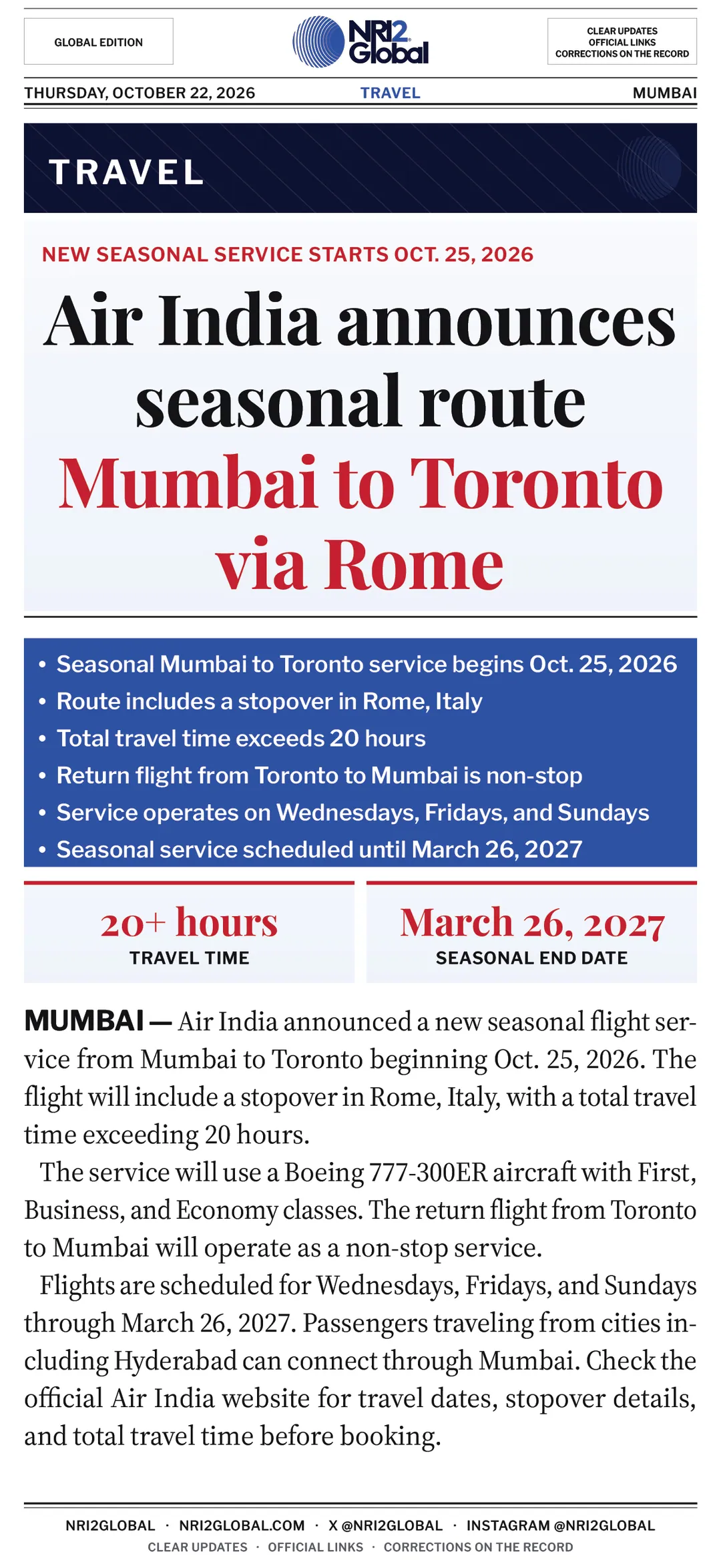 Air India announces seasonal Mumbai to Toronto flight service