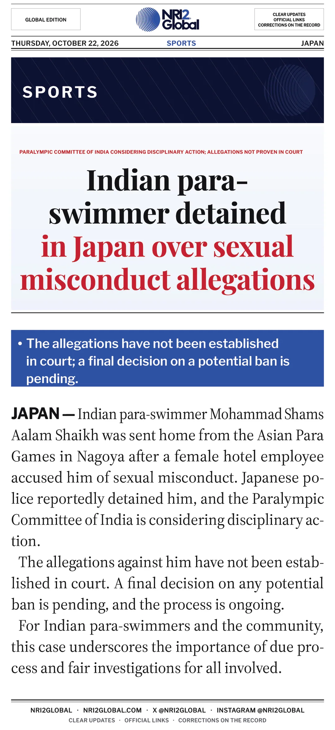 Indian para-swimmer detained in Japan over sexual misconduct allegations