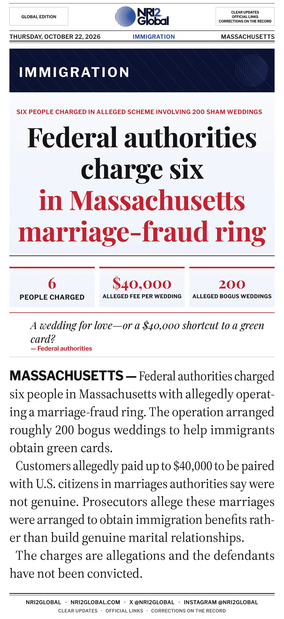 Federal authorities charge six in Massachusetts marriage-fraud ring