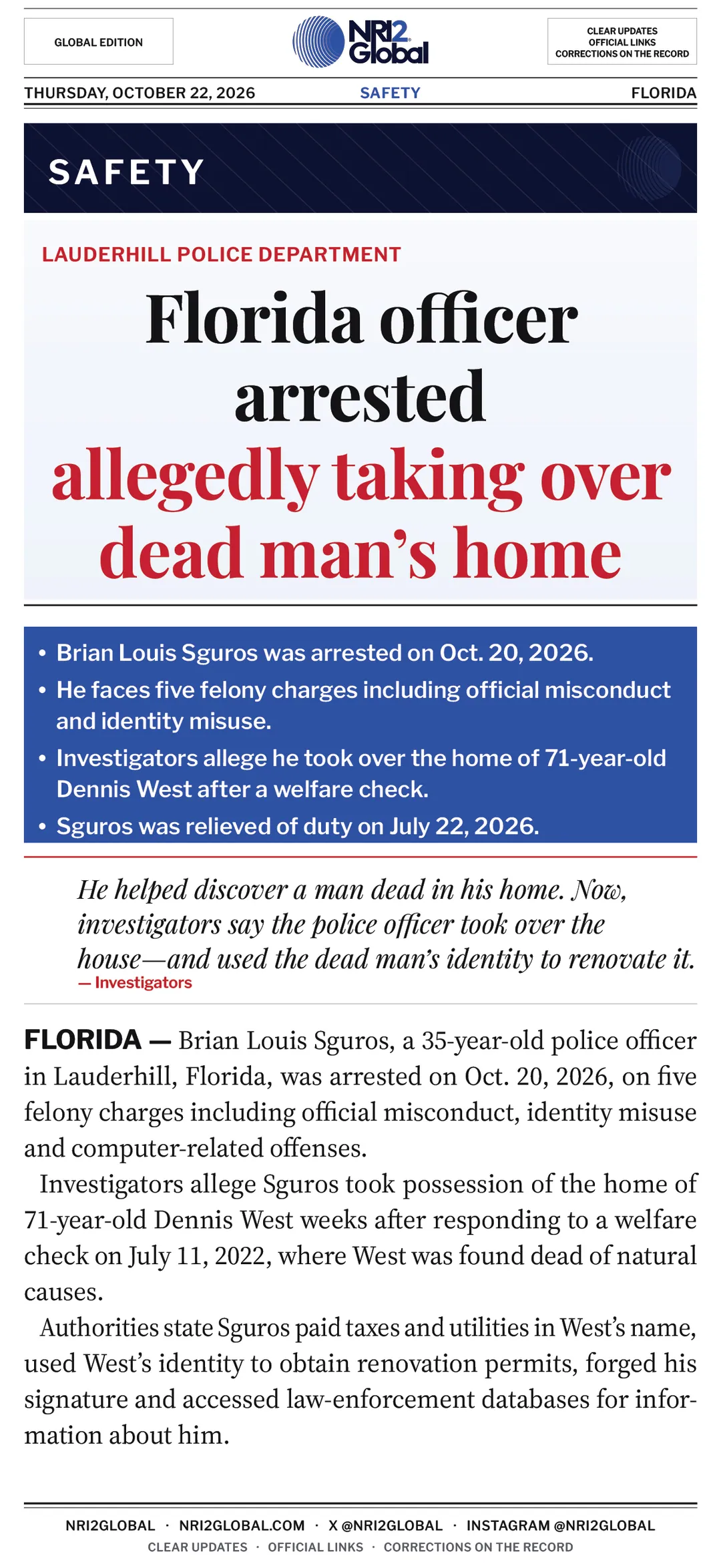 Florida officer arrested for allegedly taking over dead man's home