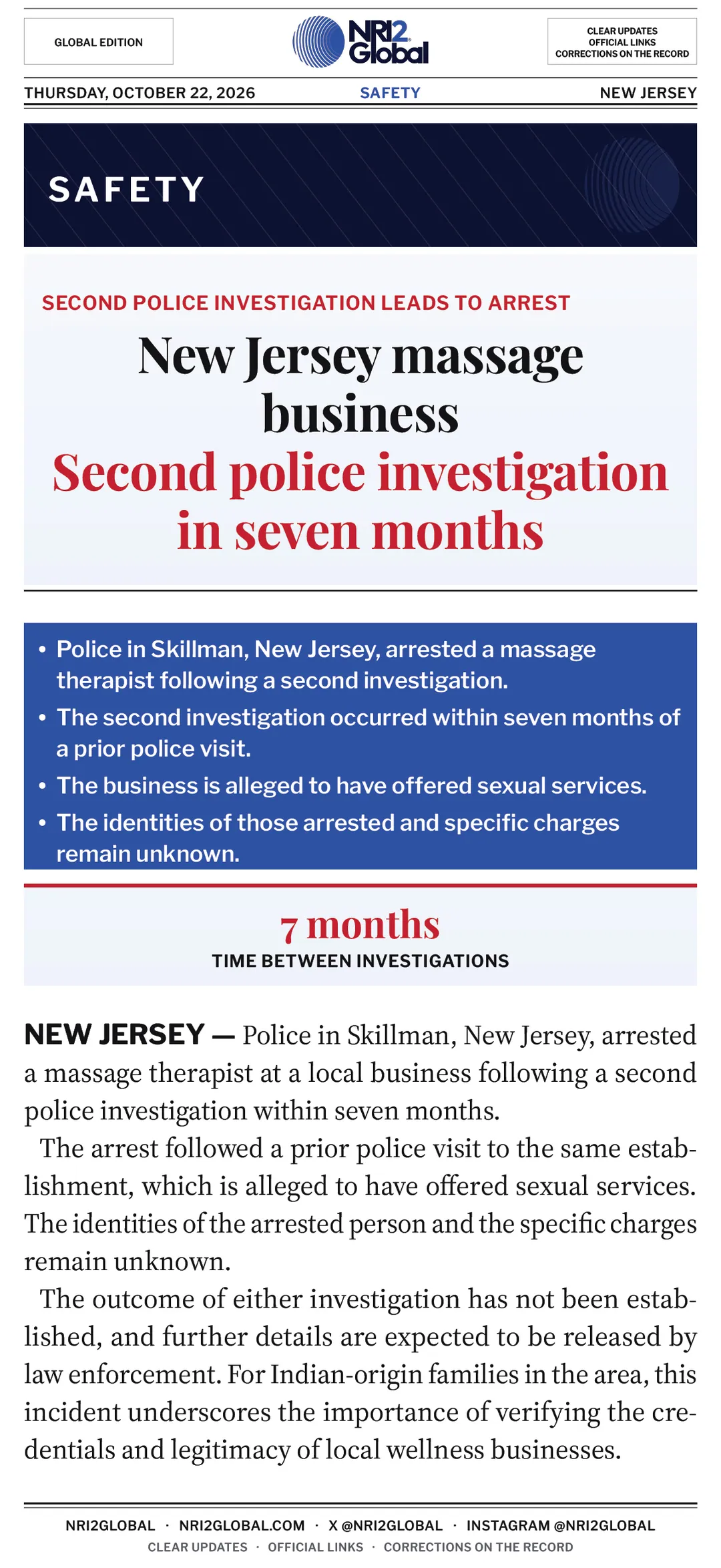 New Jersey massage business second police investigation