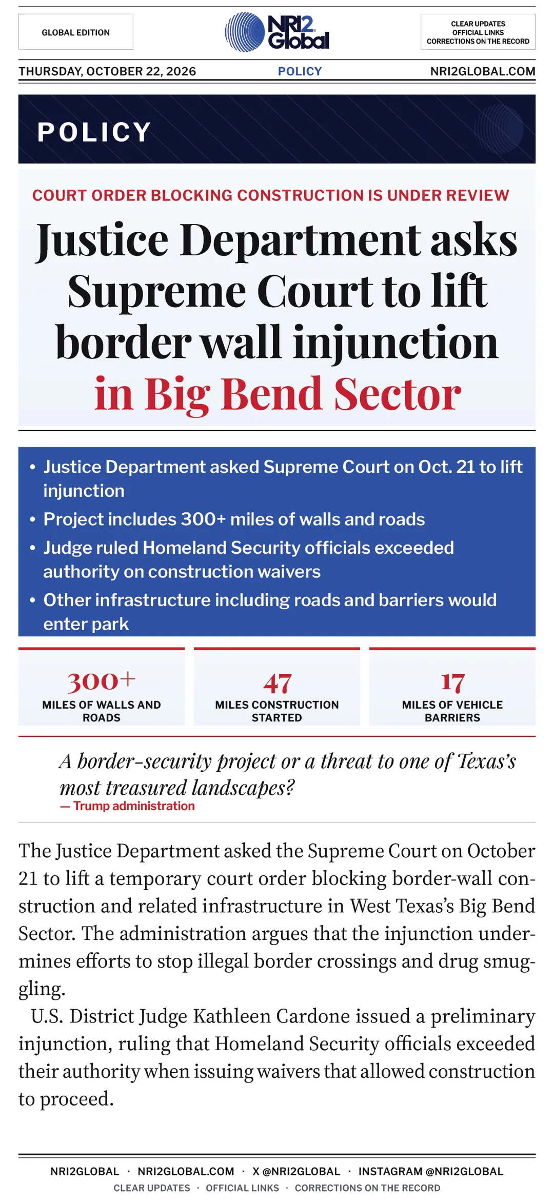 Justice Department asks Supreme Court to lift Big Bend border wall injunction