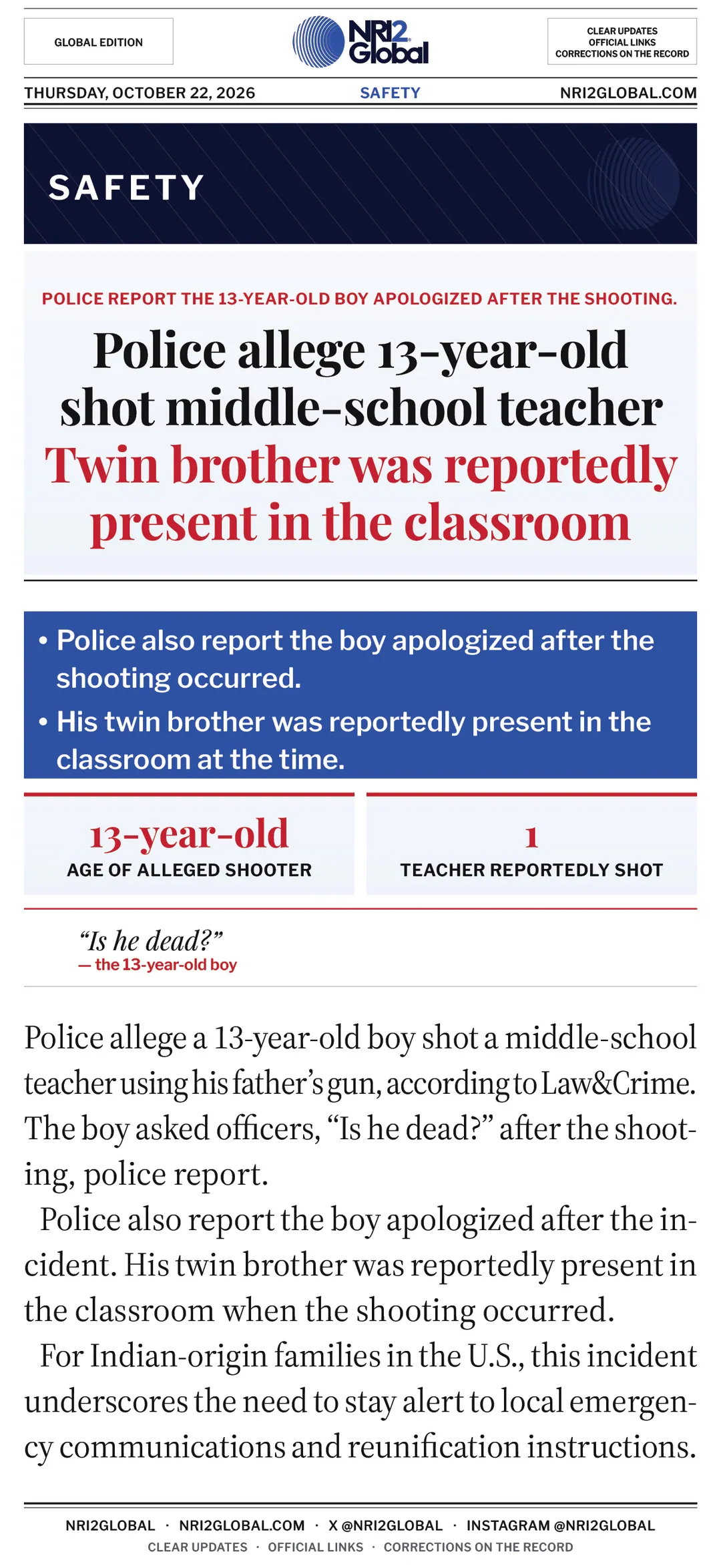 Police allege 13-year-old shot middle-school teacher