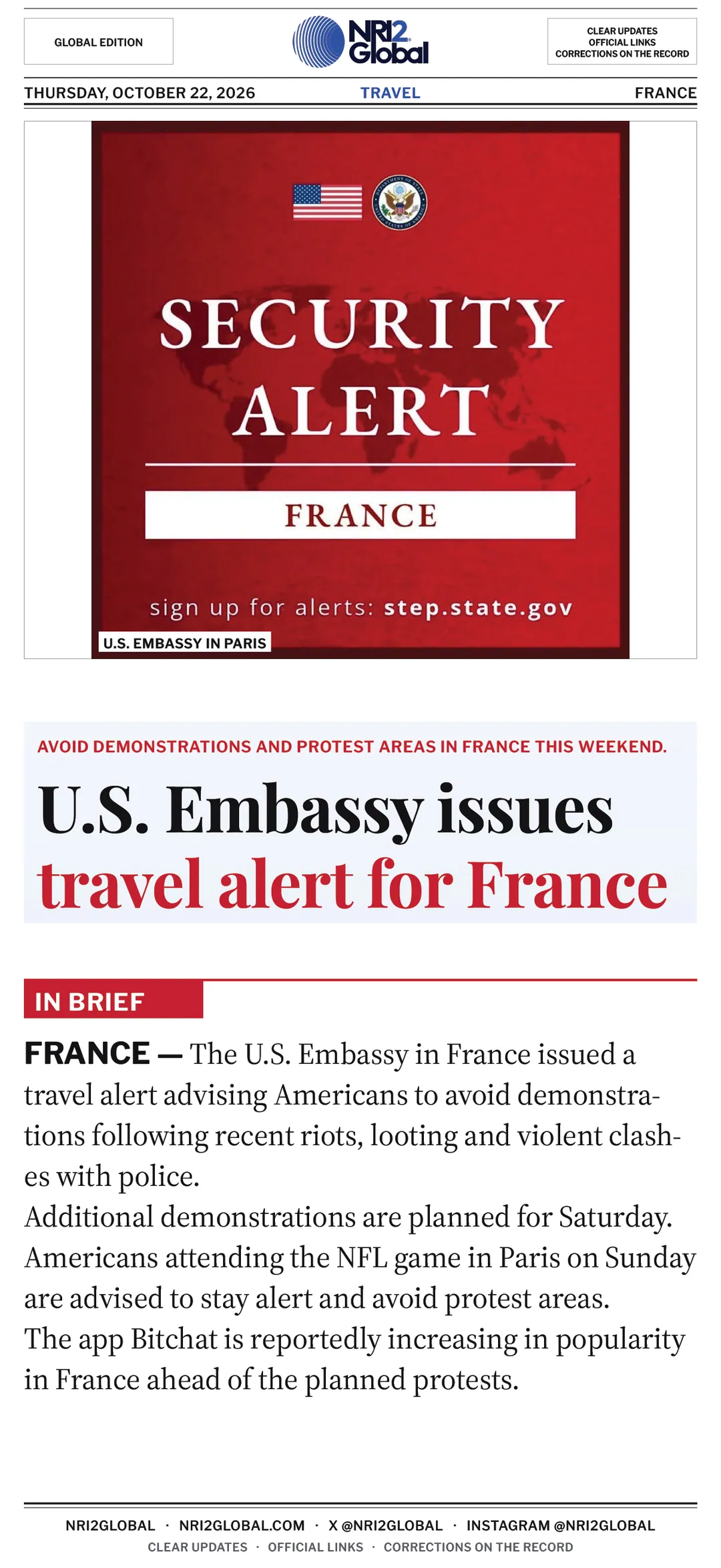 U.S. Embassy issues travel alert for France