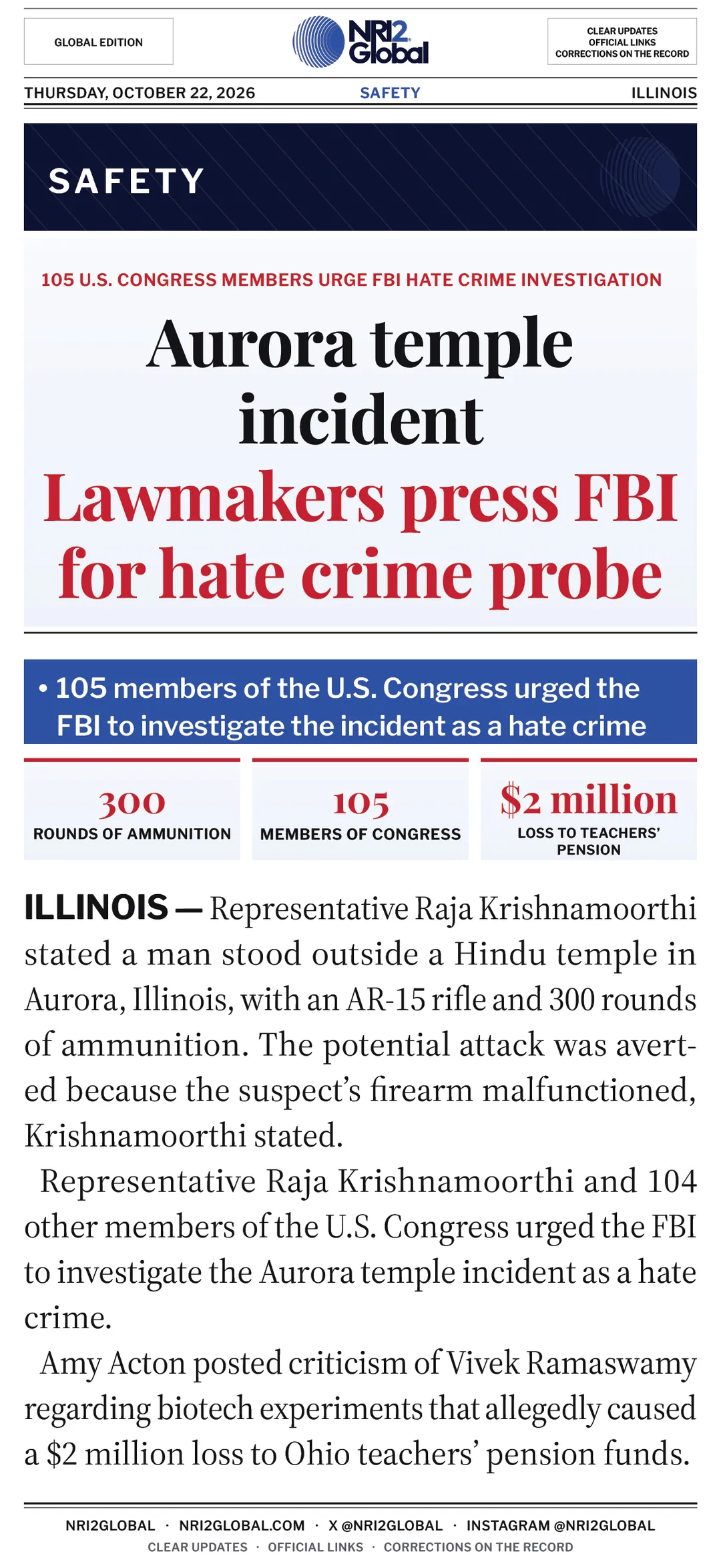 105 U.S. lawmakers urge FBI hate crime probe into Aurora temple plot