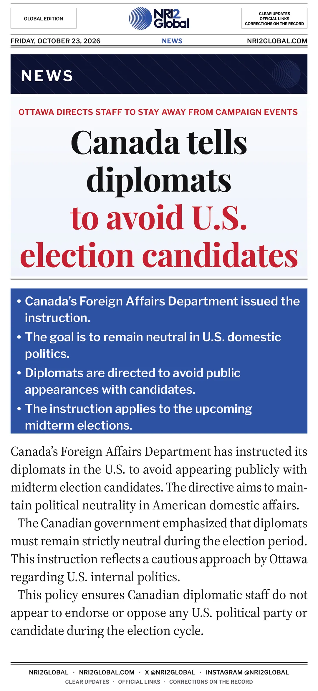 Canada tells diplomats to avoid U.S. midterm election candidates
