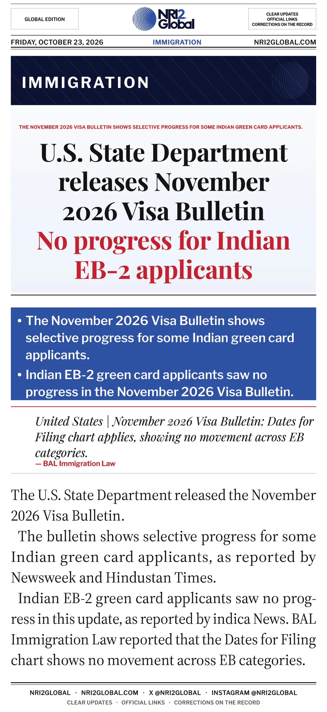 U.S. State Department releases November 2026 Visa Bulletin