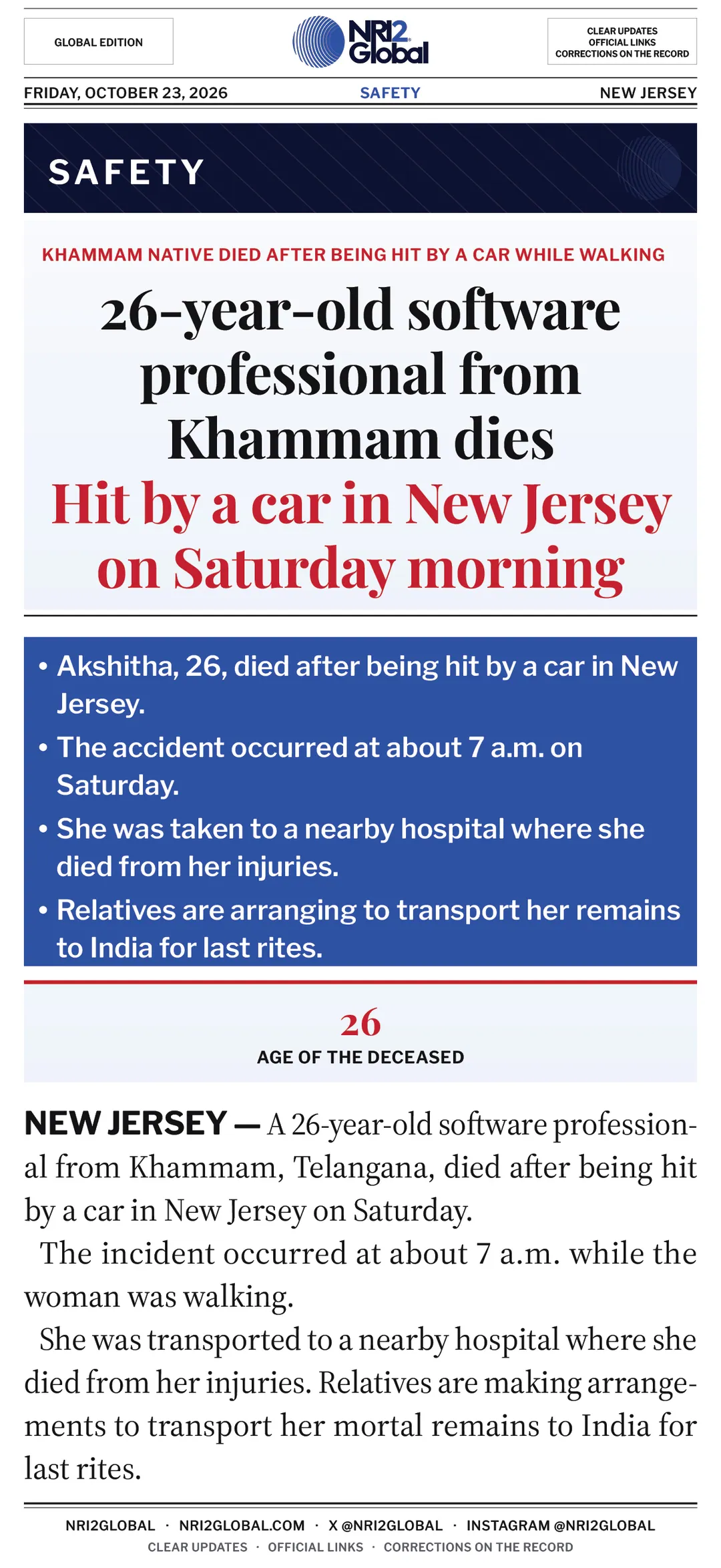 26-year-old software professional from Khammam dies in New Jersey car accident