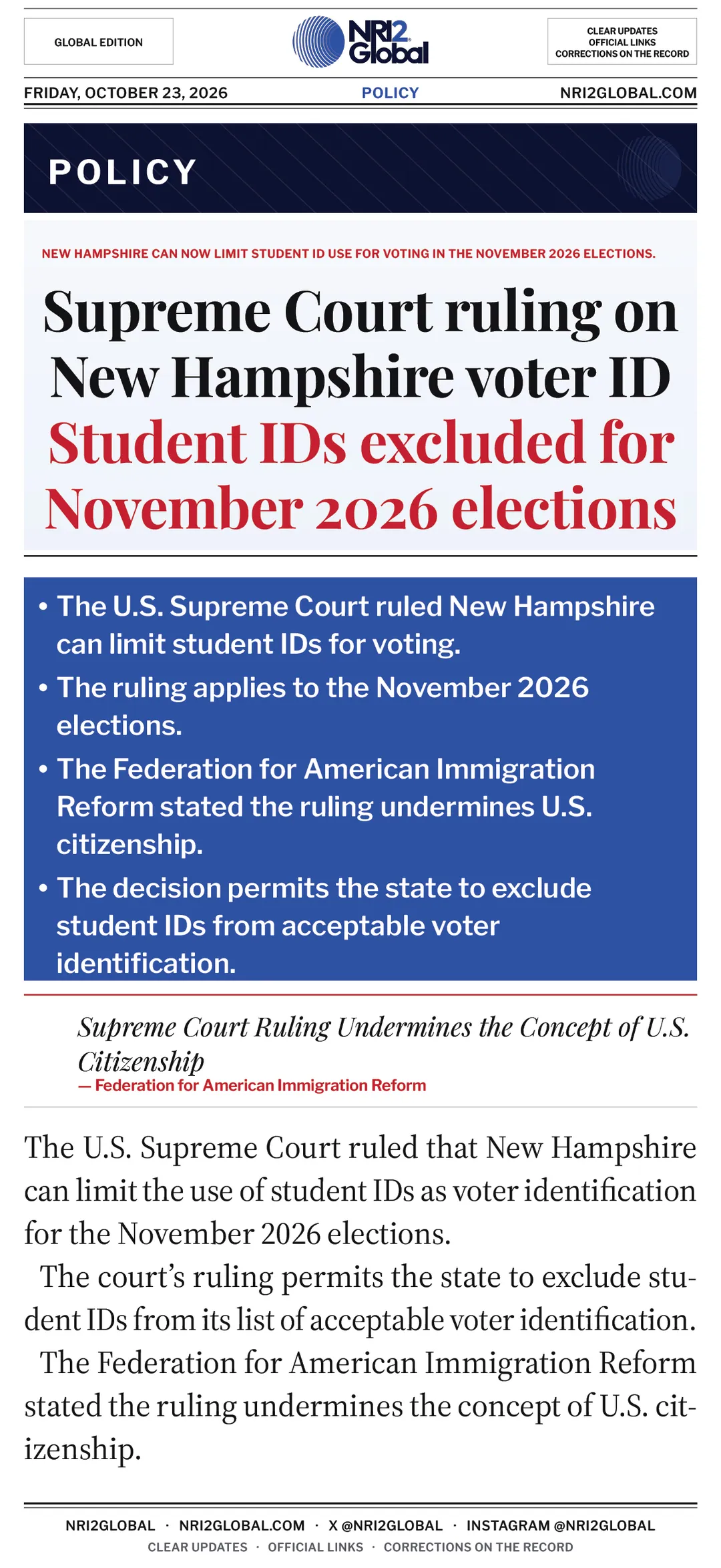 US Supreme Court allows New Hampshire to limit student ID use for voting