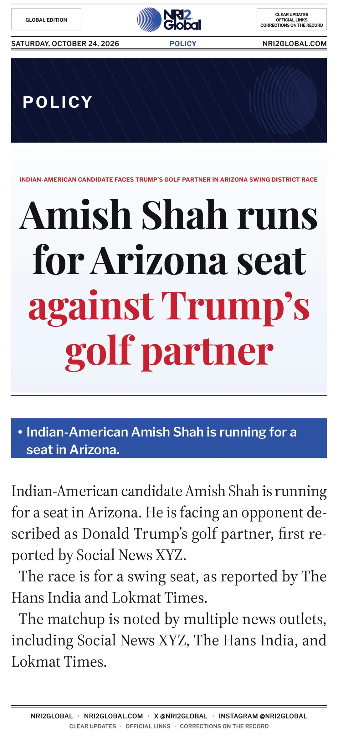 Indian-American Amish Shah runs for Arizona seat against Trump's golf partner
