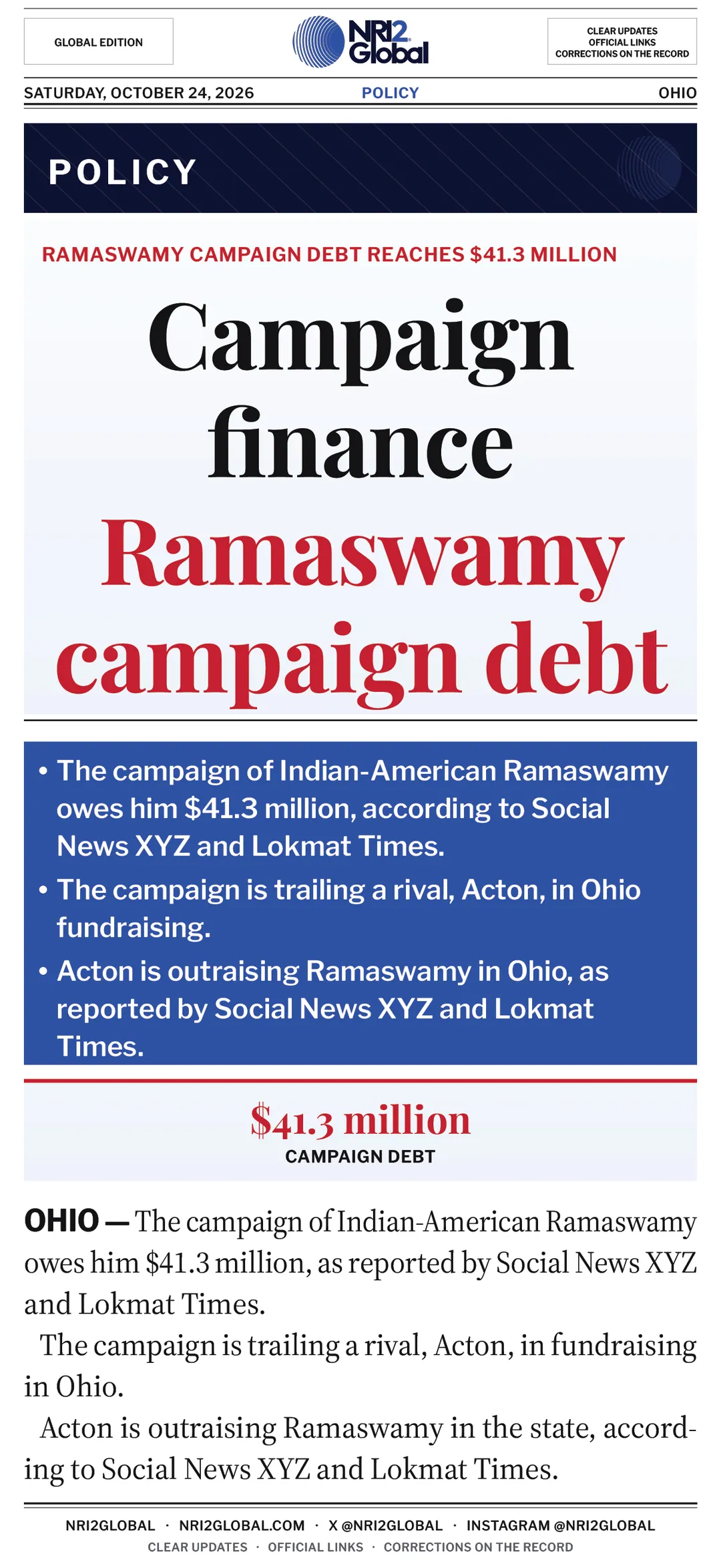 Ramaswamy campaign debt reaches $41.3 million